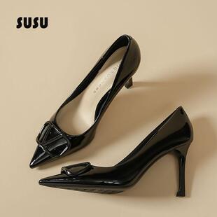 黑色高跟鞋女细跟尖头漆皮职业工作面试软皮舒适不累脚配裙子单鞋