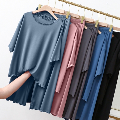 夏季冰丝短袖家居服套装女士宽松莫代尔睡衣可外穿大码韩版两件套