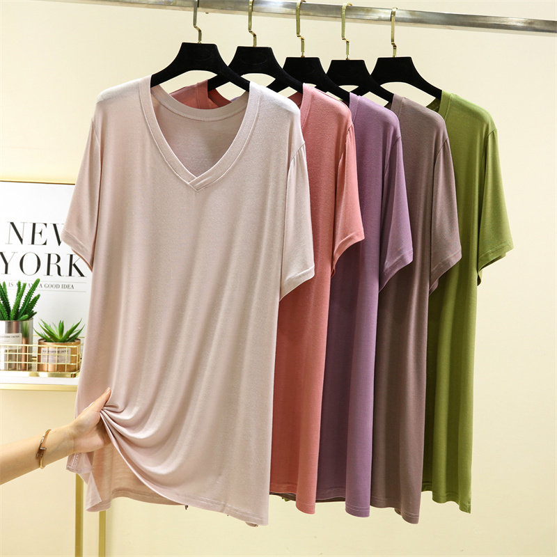 莫代尔v领中长款短袖T恤女夏薄款内搭打底衫外穿开叉体恤纯色上衣