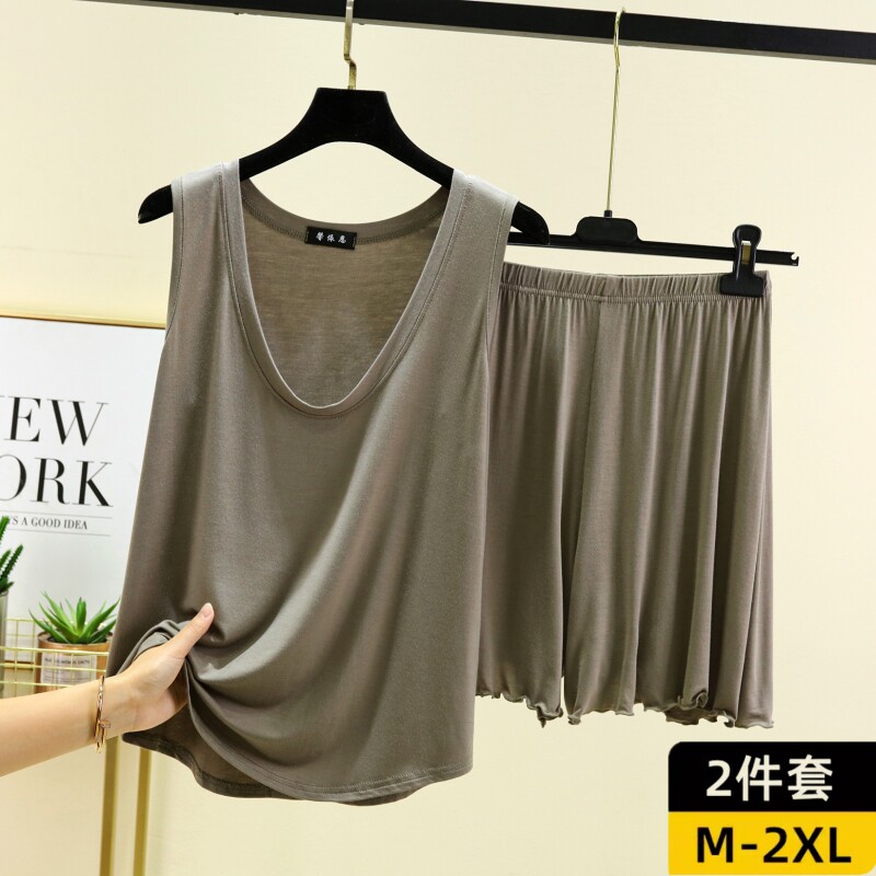 莫代尔宽松背心短裤女士家居服套装夏季可外穿睡衣休闲大码两件套