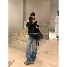 SUNONEONE 蓝色牛仔裤女春夏美式直筒裤阔腿裤子2024新款拖地长裤