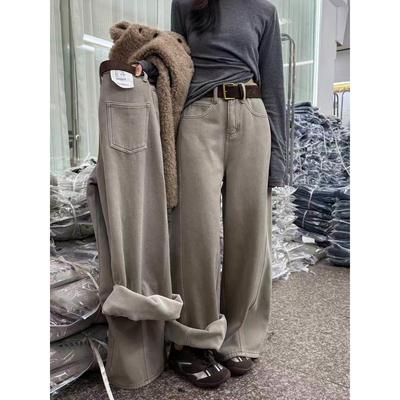 MV0806加绒窄版阔腿牛仔裤女冬2025韩系高腰百搭休闲直筒弯刀长裤