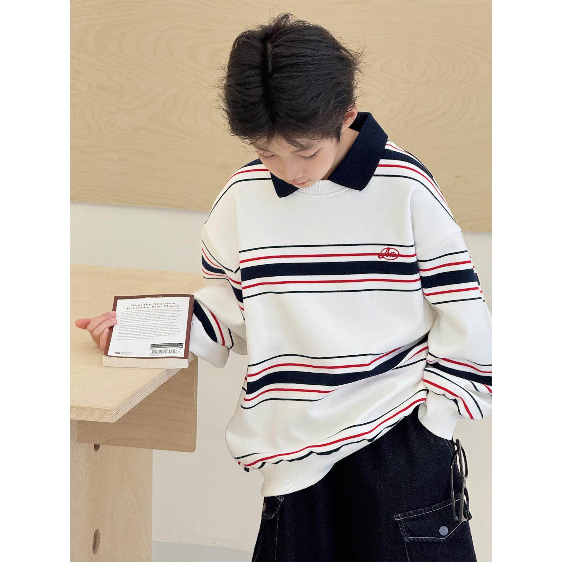 男童加绒卫衣2025冬装新款儿童条纹上衣加厚男孩套头中大童POLO衫