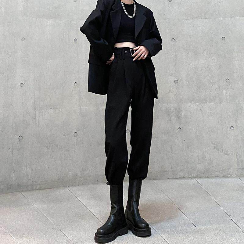 束口裤女高腰显瘦2025春季新款工装搭配马丁靴黑色哈伦西装裤垂感
