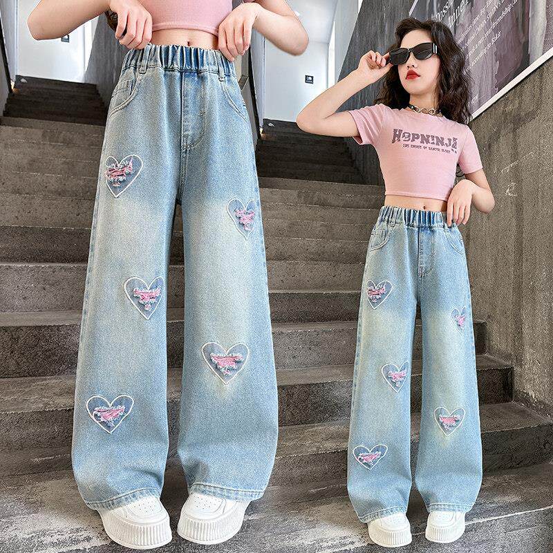 女童牛仔裤2025新款春夏装女孩网红爱心直筒阔腿儿童裤子夏季薄款