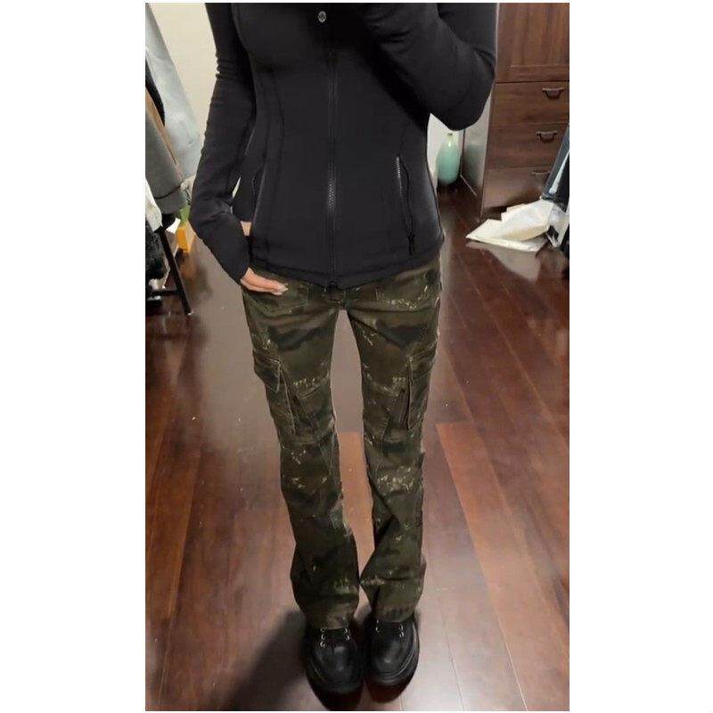 美式复古低腰迷彩微喇牛仔裤女春秋季修身弹力高个子加长工装裤子