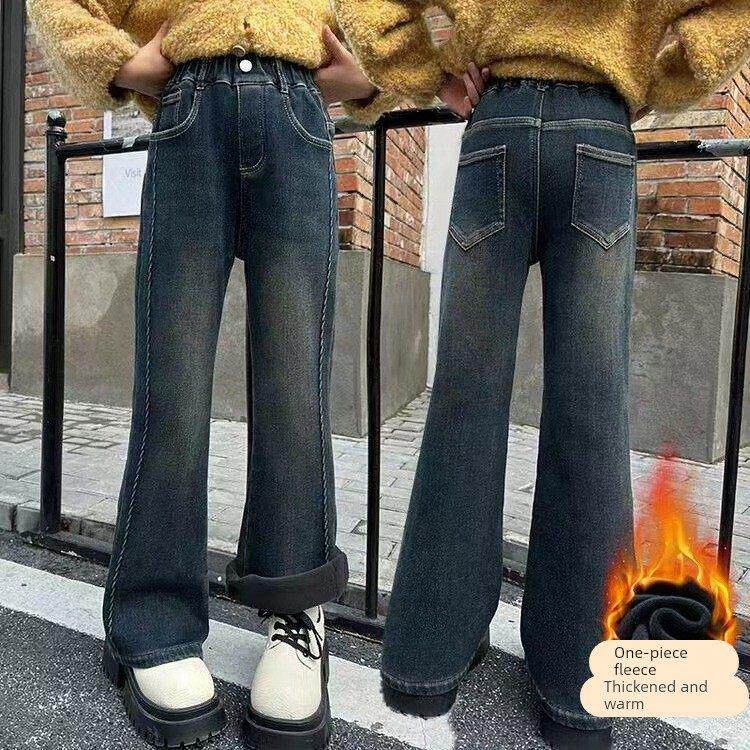 女童加绒裤子牛仔裤秋冬款一体绒加厚外穿冬季修身洋气宽松喇叭裤