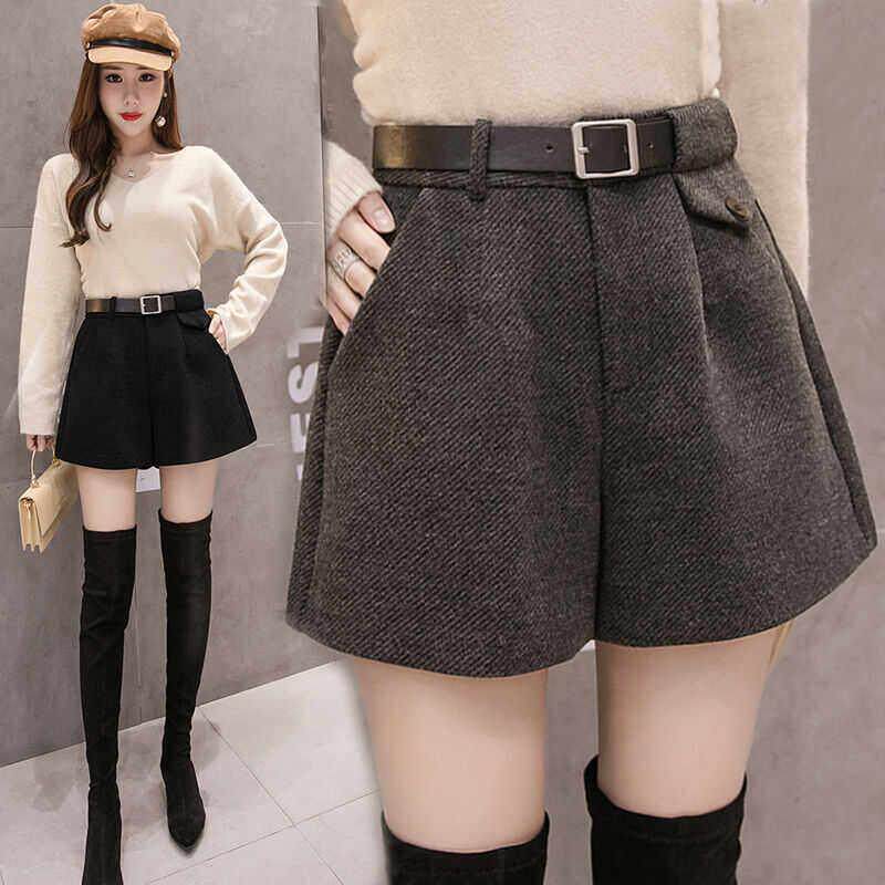 毛呢短裤女秋冬外穿高腰2025新款韩版显瘦a字打底阔腿短裤配靴子