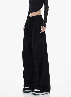 大尺码黑色卫裤女春秋hiphop工装阔腿裤胖mm休闲 宽松美式直筒运