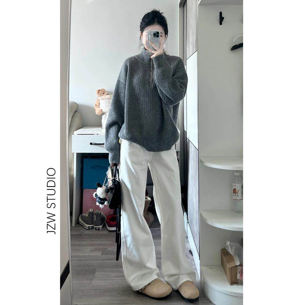 美式白色阔腿牛仔裤女夏季新款高腰宽松显瘦垂感拖地小个子直筒裤