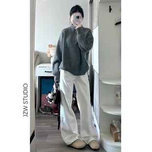 美式白色阔腿牛仔裤女夏季新款高腰宽松显瘦垂感拖地小个子直筒裤