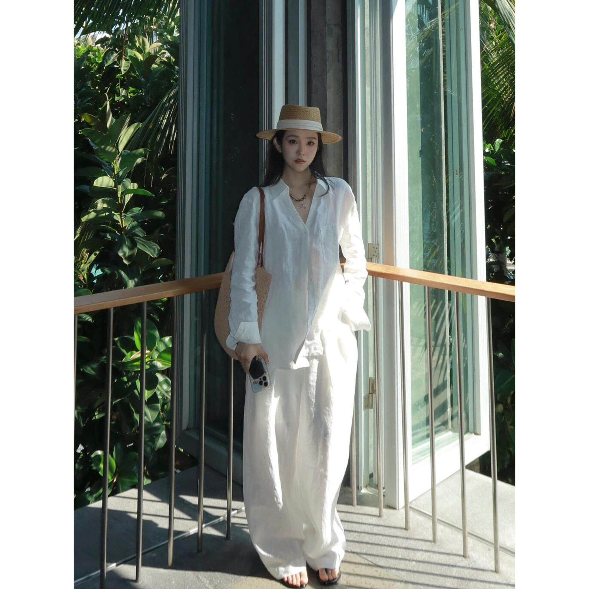 法式复古老钱风亚麻衬衫女夏季外穿薄款宽松长袖防晒衬衣外套上衣