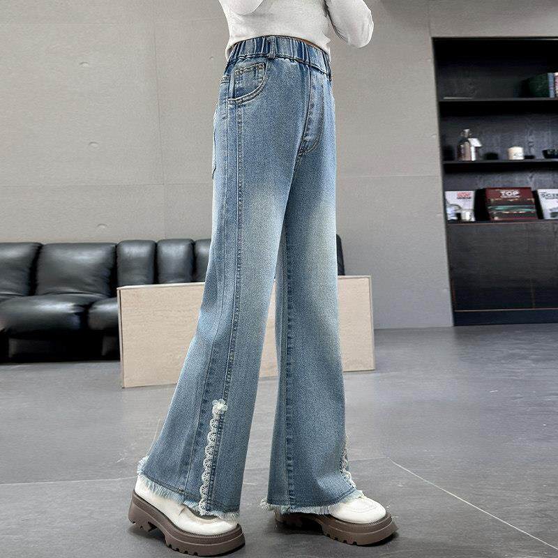 女童牛仔裤2025新款春夏装6韩版7洋派8花边9弹力女孩喇叭儿童裤子