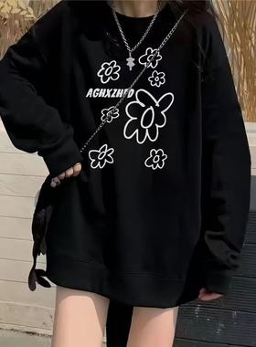 Uc黑色圆领卫衣女2025秋冬印花新款加绒款薄款学院风潮牌宽松上衣