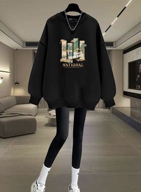 Uc秋冬圆领卫衣女黑色2025新款爆款时尚休闲上衣加绒加厚中长款外