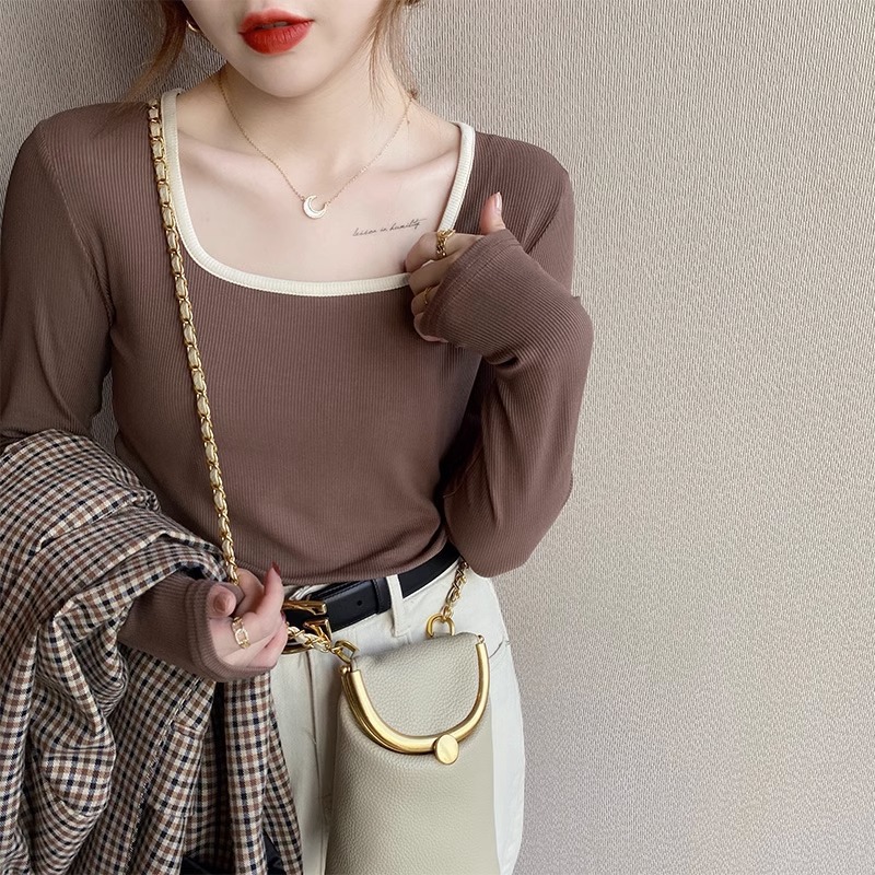 UC方领撞色修身长袖t恤女