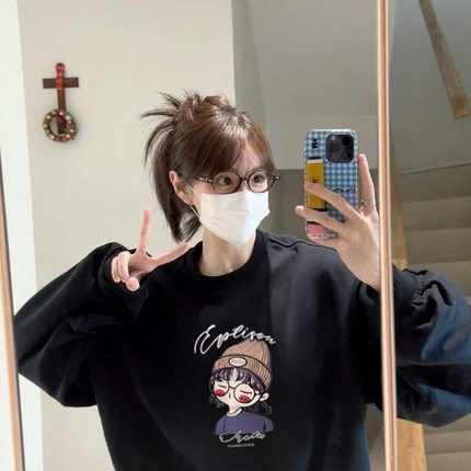 Uc美式潮牌卡通圆领卫衣女秋冬2025新款重磅加绒加厚百搭宽松上衣