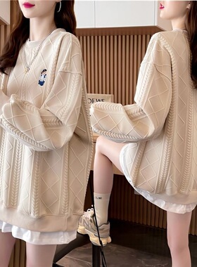 Uc休闲加绒加厚女装卫衣上衣宽松韩版秋冬季新款韩版薄款假两件外