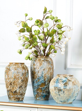 复古桌面摆件 陶瓷工艺品家居酒店装饰品插花干花陶罐 花瓶三件套