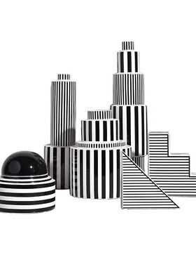 现代简约北欧意式极简黑白条纹陶瓷花瓶插摆件家居样板间软装饰品