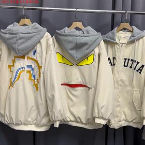 秋冬怪兽鲨鱼刺绣保暖加棉服连帽可拆卸冲锋棉袄棒球外套夹克女男