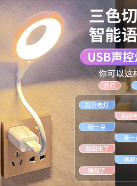 人工智能语音台灯控制灯USB声控灯感应灯led插口小夜灯一体床头灯插电既可声控唤醒限时 一个装