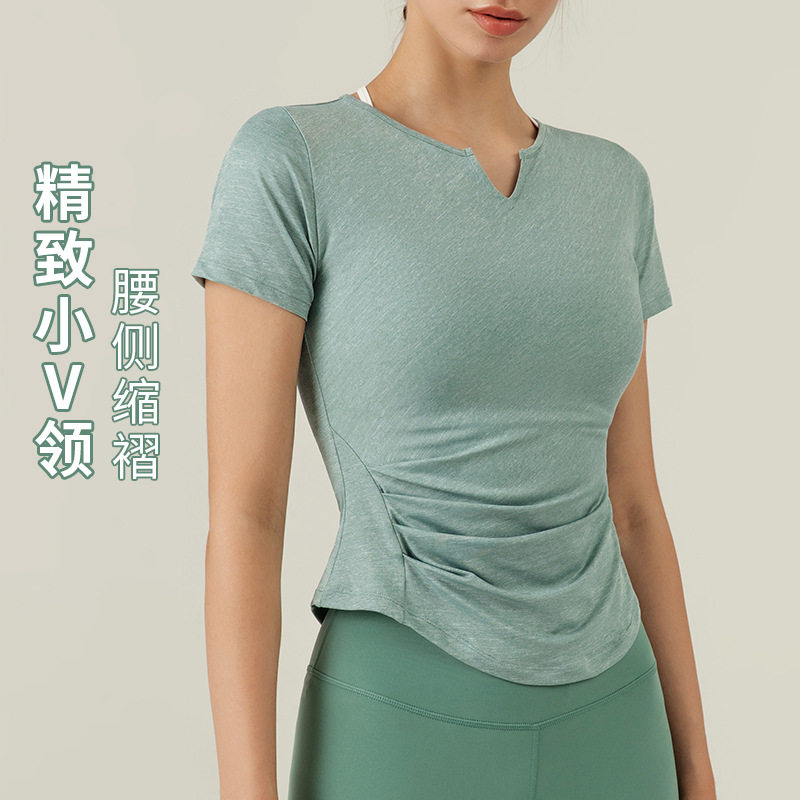 收腰显瘦V领打褶修身瑜伽短袖健身服饰女款上衣春夏季新款运动