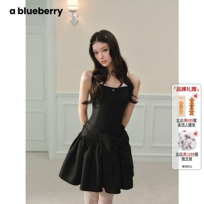 ablueberry蝴蝶结收腰连衣裙短款
