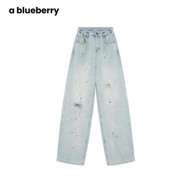 ablueberry 做旧韩版辣妹镂空破洞牛仔裤女显瘦时尚高腰阔腿裤