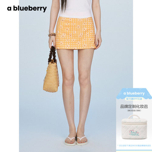 ablueberry橘色格纹半身裙女法式