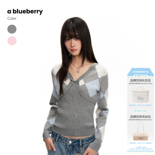 A blueberry菱格假两件针织衫女2026秋季新款马卡龙色v领套头毛衣