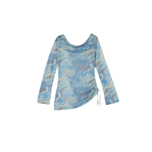 ablueberry 水波纹涂鸦微透小衫26春新款一字肩薄款长袖上衣T恤女