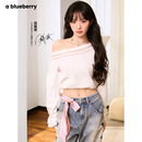 田曦薇同款 ablueberry刺绣斜肩上衣女设计感甜美宽松露肩卫衣