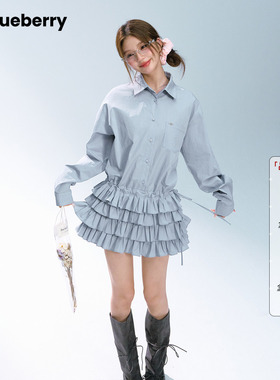 钟雯冠同款ablueberry蓝色衬衫连衣裙女设计感韩系甜美荷叶边短裙