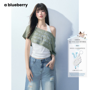张可柚同款go camping ablueberry美式斜肩短袖上衣女辣妹超短t恤