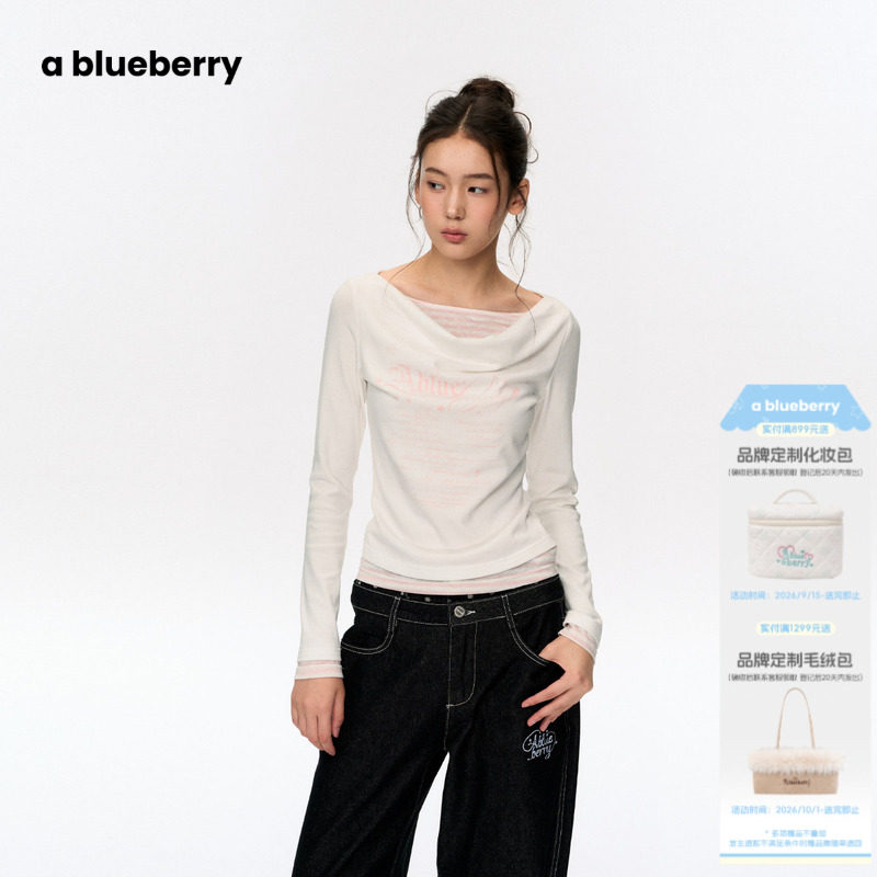 ablueberry 假两件条纹小衫上衣女2026秋季韩系松弛感荡领长袖t恤