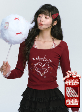 ablueberry【金蛇启新】辣妹假两件小衫女春红色上衣挂脖长袖T恤
