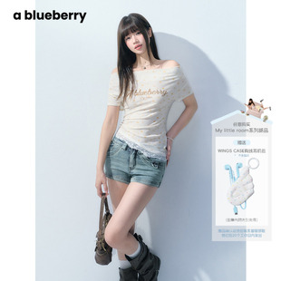 ablueberry 黄色波点一字肩上衣女韩系甜辣拼接蕾丝设计感短袖t恤