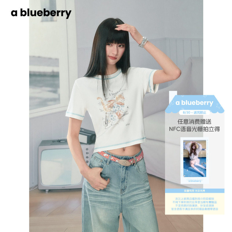 ablueberry 撞色猫咪涂鸦短袖t恤女夏新款短款宽松韩系甜美上衣