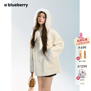 ablueberry 兔耳连帽羊毛大衣女短款设计感韩系甜美白色毛呢外套