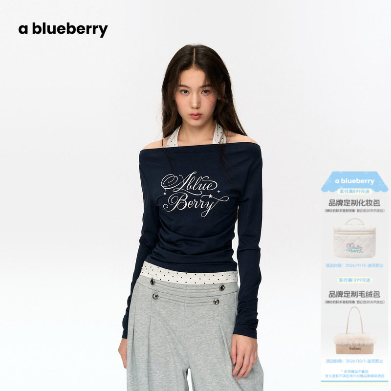 ablueberry假两件挂脖女2026秋冬清新感柔软感一字肩长袖波点上衣