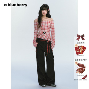 ablueberry【金蛇启新】一字领辣妹长袖T2026春季红色格纹上衣女
