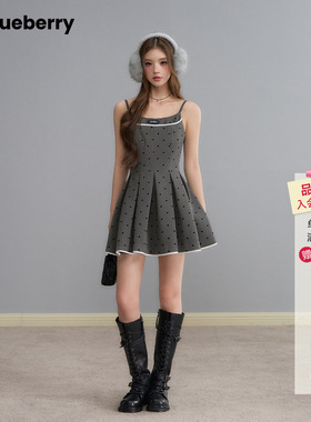 波点趣它喵·胶囊系列 ablueberry 灰色植绒波点连衣裙女韩系甜美