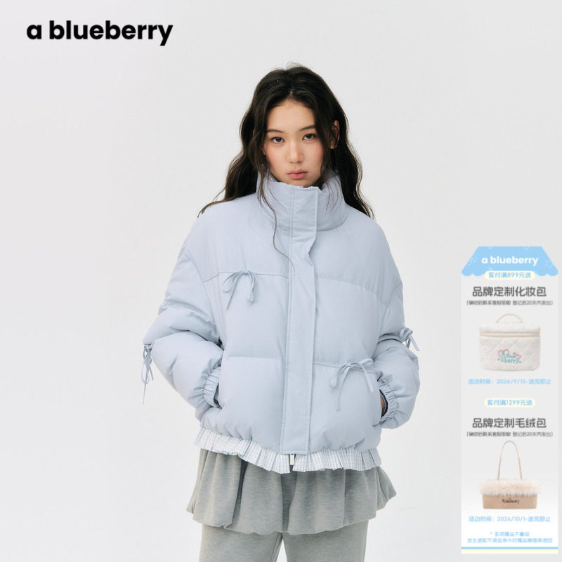 ablueberry蝴蝶结羽绒服女短款2026冬季90白鸭绒抽绳落肩格纹外套