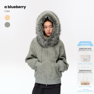ablueberry毛领灯笼袖女2026秋冬柔软感连帽拉链宽松保暖卫衣外套