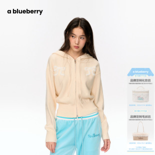ablueberry毛绒蝴蝶结图案女2026秋冬连帽拉链短款拉链针织开衫