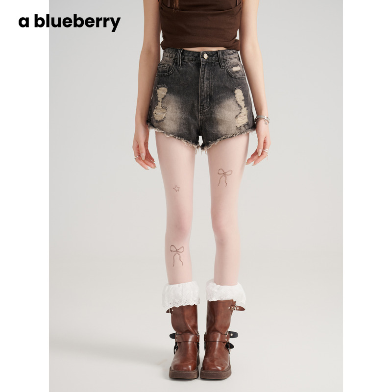ablueberry毛边破洞牛仔短裤