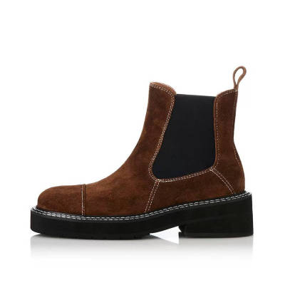 ALIASMAE 女鞋2025春夏新切尔西牛皮平底粗跟女短靴四季经典款