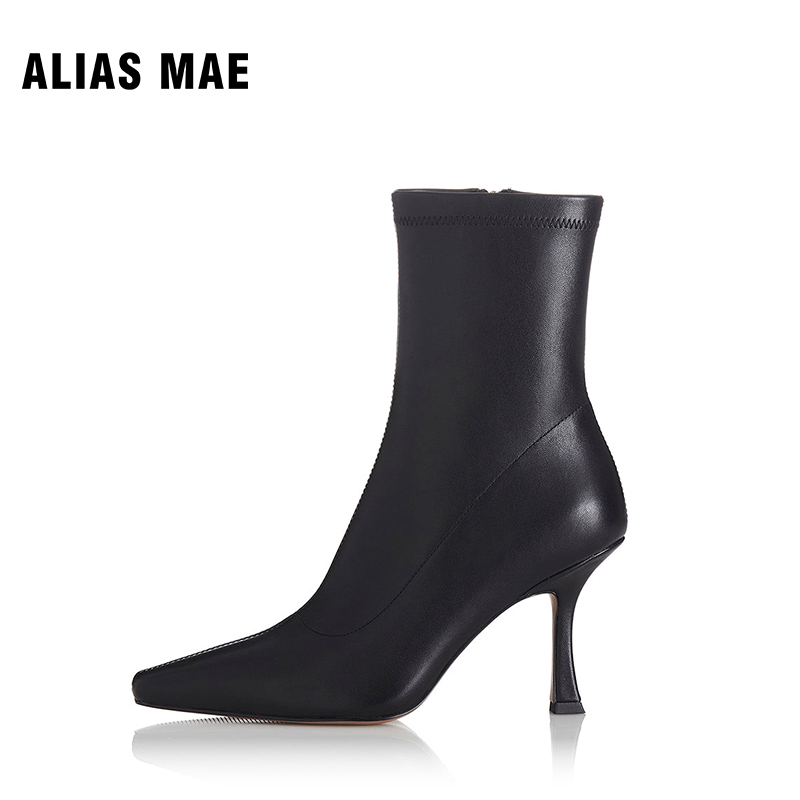 ALIAS MAE侧拉链马丁靴子女2023年秋冬季新款高跟尖头真皮筒短靴