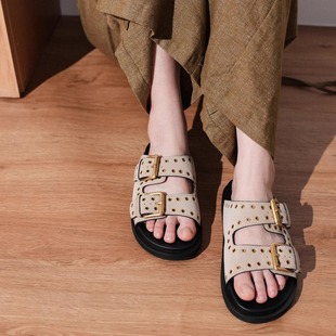 MAE 女春夏外穿时髦拖鞋 酷girl 原创柳钉塔扣 进口真皮 ALIAS
